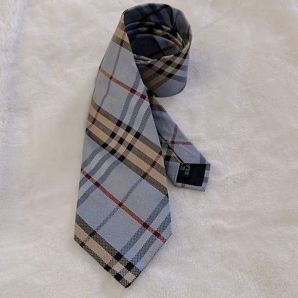 BURBERRY || Authentic Men’s Silk Light Blue & Tan Tartan Tie. Sz. OS - Picture 2 of 12